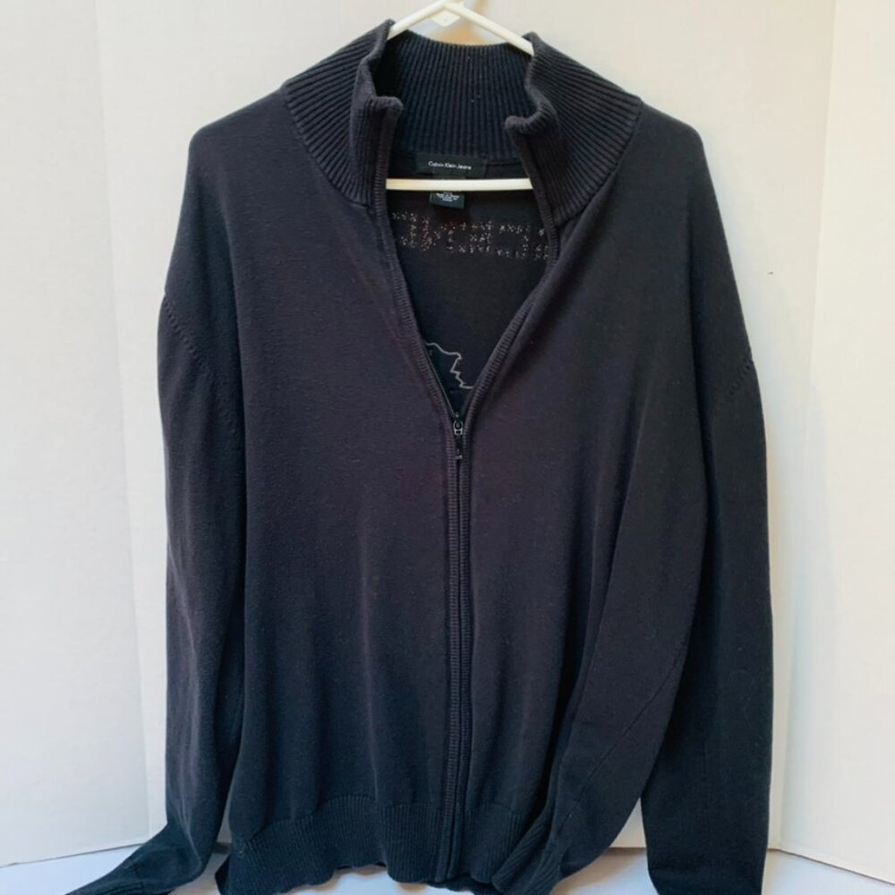 Calvin Klein Jeans Mens XL Black Full Zippered Sweater with Graphics